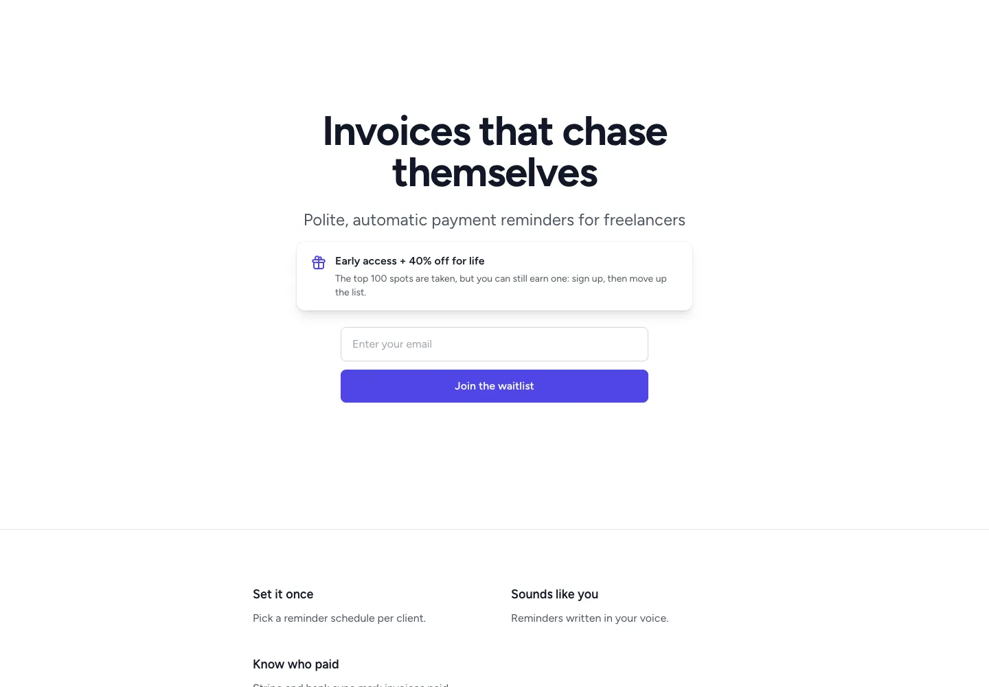 A published IdeaLaunchLab landing page for an invoicing product with a waitlist form