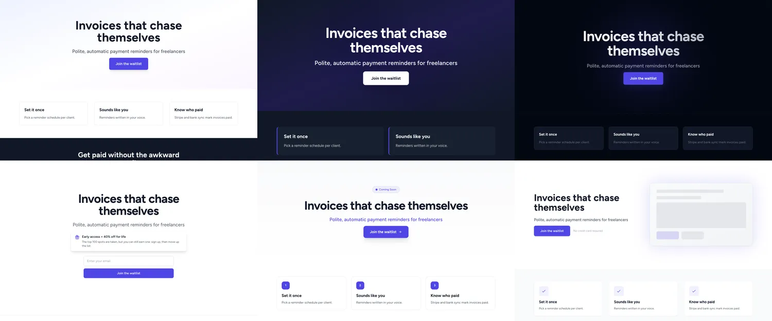 The same landing page shown in six template designs
